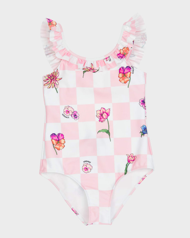 Girl's Damier Flowers Lycra Vita One-Piece Swimsuit, Size 8-